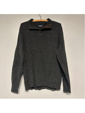 CHAPS Gray Sweater Brown Elbow Patches collared Button Men’s Large 100% Cotton